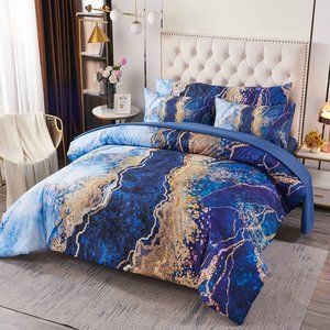 New  6 Pcs Bed-in-A-Bag Blue Watercolor Marble Printed  Comforter Set with Match